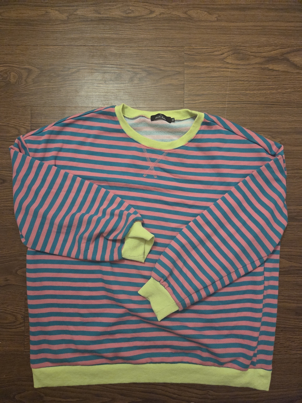 Striped Crewneck Sweatshirt in Pink & Teal with Lime Trim